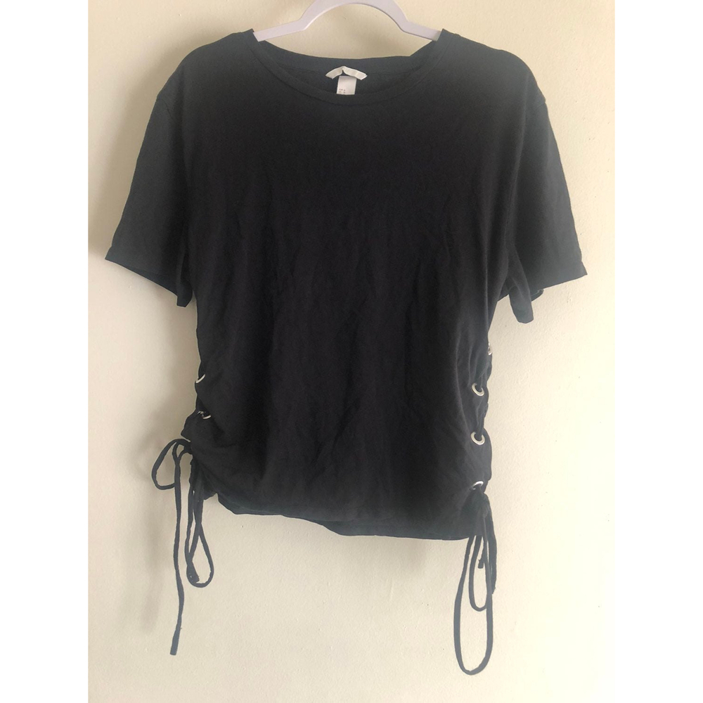 H&M Women’s Black Shirt Top Short Sleeves side Ties